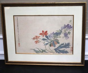 298.Watercolor Painting Of Delicate Tiger Lily Flowers With Calligraphy & Red Seal Matted & Framed