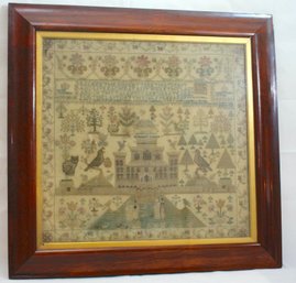 Antique English Needlework Sampler From 1828 Featuring Inverary Castle And Religious Text Surrounded By Vine