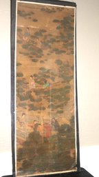 Large Antique Hand Painted Chinese Scroll Depicting Scenes From Ancient Times With Women In Riverboats An