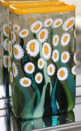 A Vintage Rectangular Art Glass Vase With Daisies By Mad Art Studios.