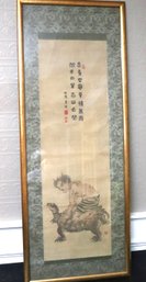 Vintage Scroll Painting With Chinese Ascetic Riding Upon Turtle With Calligraphy & Red Seal