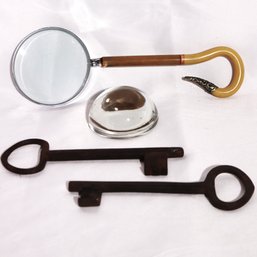 Vintage Hand Forged Key Decor And Magnifying Glass, Including A Miniature Glass Paperweight