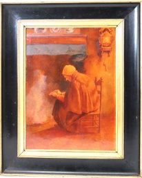 Lady Sitting By The Fire Painted On A Porcelain Plaque 1912- J. Israeli Signed By The Artist & Numbered