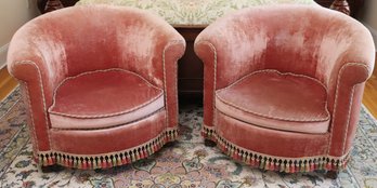 Pair Of Luxurious Hollywood Regency Style Pink Velvet Tub Chairs With Silk Tassle  Fringe.