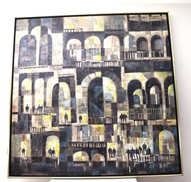 MCM Painting Of Building With Mysterious Archways & Figures Signed Engstrom