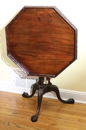 Antique George III Mahogany Carved Wood Tilt Top Tea Table With Ornate Railing And Claw Feet, Good Condition
