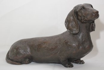 Vintage Patinated Brass Dachshund Doorstop Etched With Star Sign On Underside