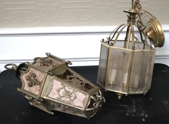 Two Hall Lanterns Featuring 1 With Brass & Mica Shades The Other Traditional Brass & Glass