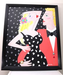 Colorful 1980s Mixed Media Painting Of Jazzy Couple Signed By Artist