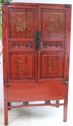 Stunning Vintage Red Lacquer Chinoiserie Cabinet With Hand Painted Details, Carved Figures With Pegged Wood