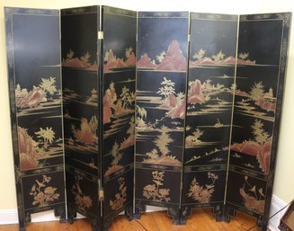 Vintage Hand Painted Asian 6 Panel Screen Signed At The Top Of Panel