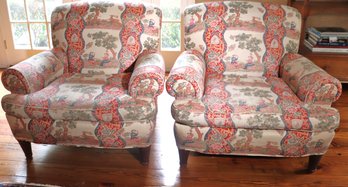 Pair Of Cozy And Comfortable Arm Chairs Upholstered In A Traditional English Style Fabric