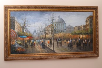 Vintage Oil On Canvas Of Parisian Street Scene With Eiffel Tower In The Background.