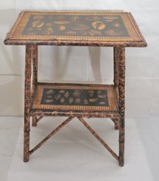 Victorian Bamboo Table With Decoupage Shells And Bottom Shelf