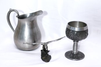 Embossed Pewter Goblet, Allot Bass Signed Pewter Eagle Figure And Preisner Pewter Kettle