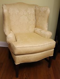 Fine Quality Custom Upholstered Wingback Armchair Finished In A Lovely Yellow Damask Style Linen Fabric