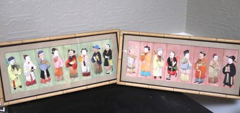 Pair Of Chinese Silk Over Paper 3-Dimensional Fabric Figures In Bamboo Frames
