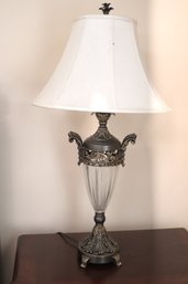 Pair Of Tall Contemporary Glass And Metal Lamps With Shades