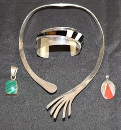 Sterling Necklace, Malachite & Carnelian Sterling Silver Pendants & J. Woolsey Sterling Cuff Bracelet