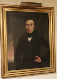 Large Antique Portrait Painting Of A Sophisticated Gentleman Wearing A Black Cravat, 32 X 39 Inches