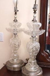 Pair Of Antique Style Cut Crystal Lamps, Without Hanging Crystals Or Shades.