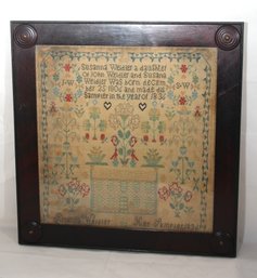 Antique Handmade Sampler By Susanna Weidler 1836 At Age 30, With Hearts & Flowers