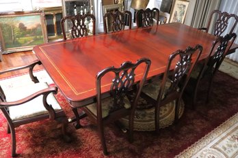 Elegant Double Pedestal Inlaid Mahogany Dining Table & 8 Chippendale Style Chairs