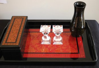 Pair Of Cute Little Swarovski Candlesticks Includes A Lacquered Tray & Box