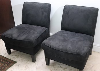 Pair Of Custom Contemporary Slate Gray Toned Suede Arm Less Slipper Chairs