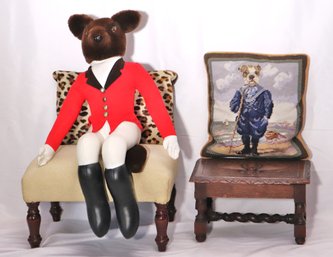 AA Importing Inc. Mr. Fox Plush Equestrian Doll And Vintage Carved Wood Stool