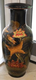 Beautiful Chinese Floor Vase With Perched Bird And Floral Accents Appx 2 Feet Tall