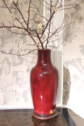 Tall Graceful Chinese Oxblood Vase On Wooden Stand.