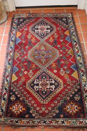 Kazak Hand Knotted Wool Rug With Medallion Accents Measures Approx. 60 X 35 Inches