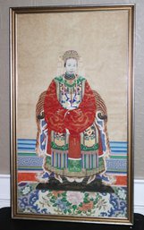 Hand Painted Ancestor Portrait With Young Woman In Elaborate Chinese Dress & Tiger Skin Throw