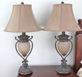 Pair Of Contemporary Smoky Glass And Gray Metal Lamps With 3- Way Bulbs And  Shades.