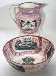 Two Antique Sunderland Pink Lusterware Items