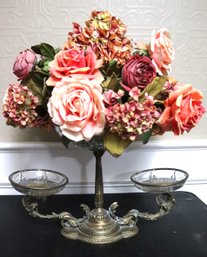 Elegant Metal & Glass Epergne Centerpiece With Silk Flowers