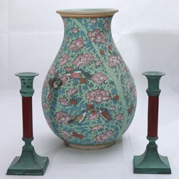 Hand Painted Floral Pottery Celadon Vase Signed By The Artist 1997- Chiaingmai Includes 2 Painted Candlesticks