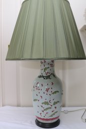 Antique Hand Painted Celadon Lamp With Cherry Blossom Design And A Silk Pleated Shade