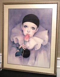 Pierrot Style Print Of Girl With Teardrop & Rose Signed Mira Fujita