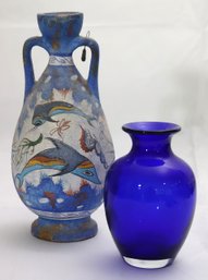 Hand Painted Grecian Vase In The Style Of 1500 BC Includes Cobalt Blue Crystal Vase