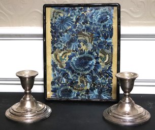 Hand Embroidered Silk Fragment In A Frame And Weighted Sterling Silver Candlesticks By Rogers