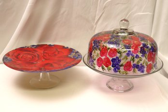 Painted Glass Pedestal Plate With Roses And Pedestal Cake Plate With Lid.