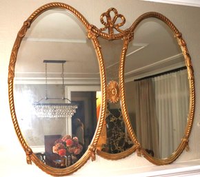 Large Mediterranean Style Double Oval Gold Mirror With Marbleized Center Mirror