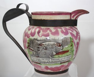 Antique Pink Sunderland Lusterware Pitcher With Metal Handle Featuring The Iron Bridge