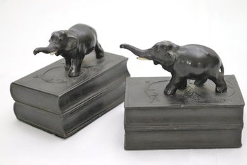 2 Vintage Cast Metal Bookends Of Elephants Standing On Books