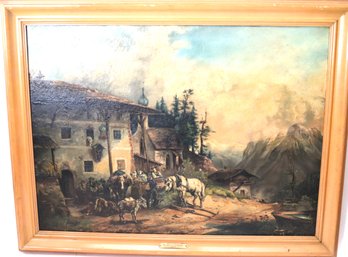 Antique Painting By Artist S. Newbold 1883 Of Travelers Resting In A Local Village