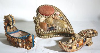 Three Pieces Of Victorian Shell Art With Pincushion Box, Canoe And Shoe