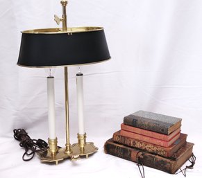 Vintage Brass Bouillotte Candlestick Desk Lamp And Assorted Antique Books