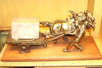 Vintage Brass Statue Of Ice Man With Horse Pulling Block Of Marble